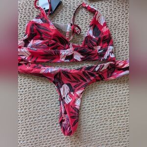 Volcom Red and Black Leaf Print Bikini